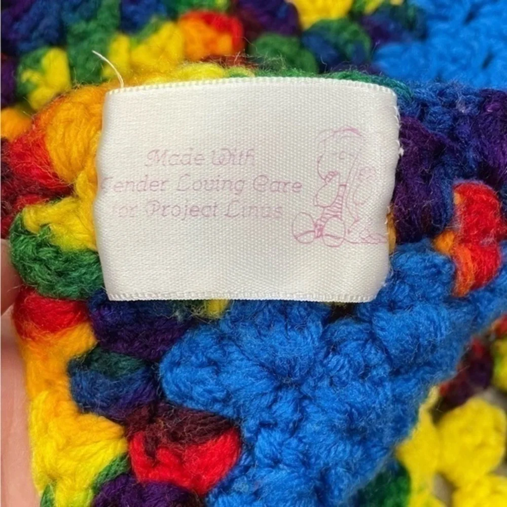 Handmade Granny Square Crocheted Blanket Baby Blanket Rainbow Pattern 35 x 37.5”